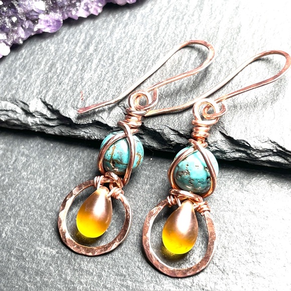 Artisan Copper and Wrapped Turquoise Dangle Earrings - Picture 4 of 9